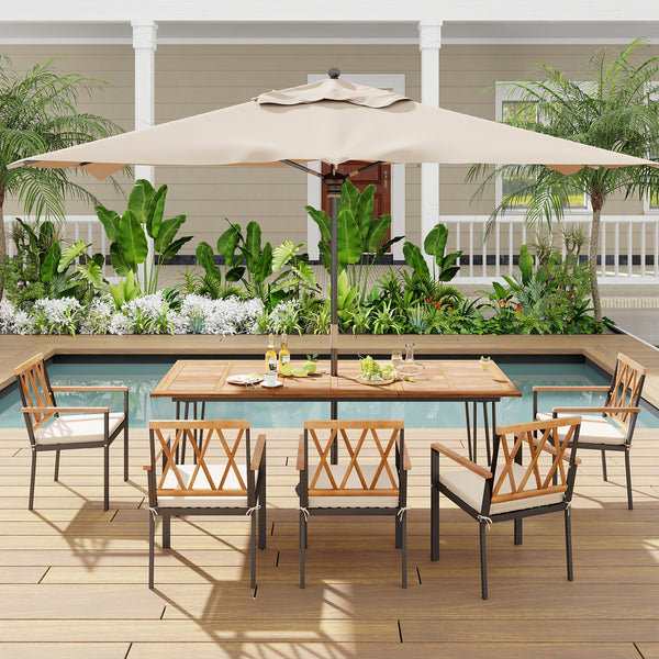 High-quality acacia wood tabletop adds a natural style<br>63" x 37.5" large tabletop is suitable for 6 people<br>86.5" x 37.5" spacious tabletop for 8 people<br>Allow to install a patio umbrella (not included)<br>The tabletop with waterproof painting is e