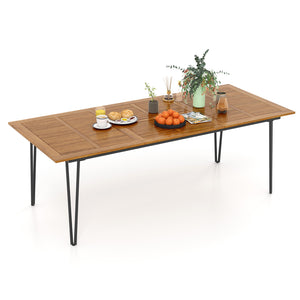 High-quality acacia wood tabletop adds a natural style<br>63" x 37.5" large tabletop is suitable for 6 people<br>86.5" x 37.5" spacious tabletop for 8 people<br>Allow to install a patio umbrella (not included)<br>The tabletop with waterproof painting is e