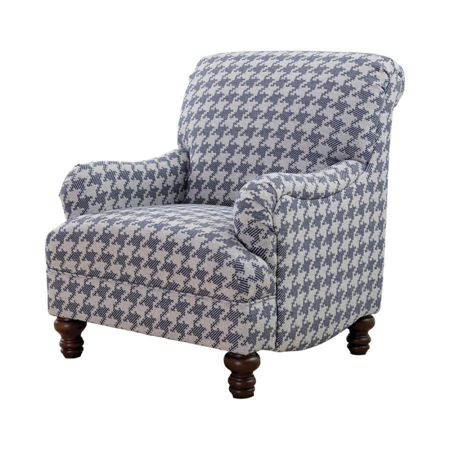 A standout houndstooth check pattern draws due attention to this fashionable accent chair. With tailored English arms and turned legs offering a contrasting espresso finish, this chair impresses with a blue and light grey upholstered cover. A solid wood f