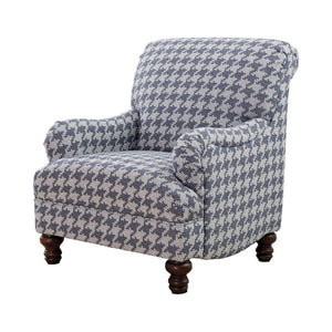 A standout houndstooth check pattern draws due attention to this fashionable accent chair. With tailored English arms and turned legs offering a contrasting espresso finish, this chair impresses with a blue and light grey upholstered cover. A solid wood f