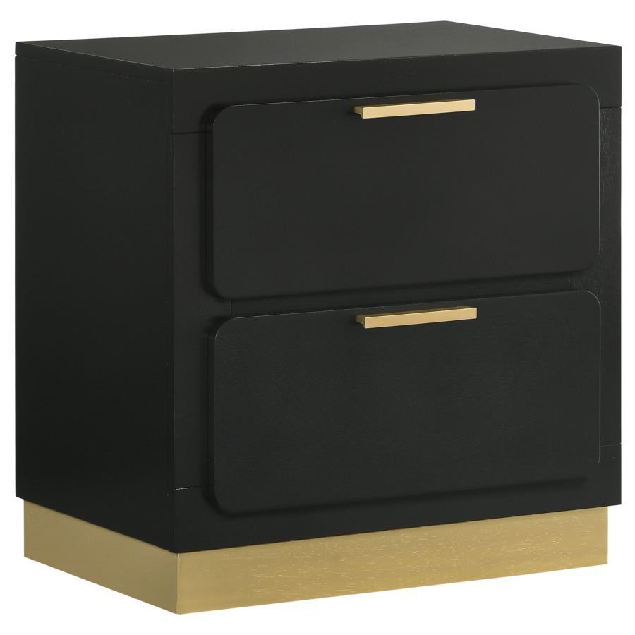 Put the finishing touches on a chic bedroom with a modern two-drawer nightstand. In black with metallic gold embellishments, it-'s the perfect solution for nighttime storage. Drawer fronts feature rounded corners for a softened look and feel. Use the top 