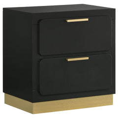 Put the finishing touches on a chic bedroom with a modern two-drawer nightstand. In black with metallic gold embellishments, it-'s the perfect solution for nighttime storage. Drawer fronts feature rounded corners for a softened look and feel. Use the top 