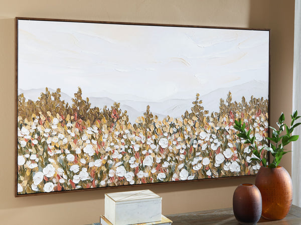  its muted tones pair well with a variety of color palettes. Hand-painted embellishments complete the piece.<