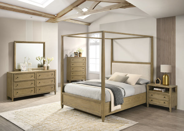  which boasts a clean-lined frame and a natural wood finish that ex