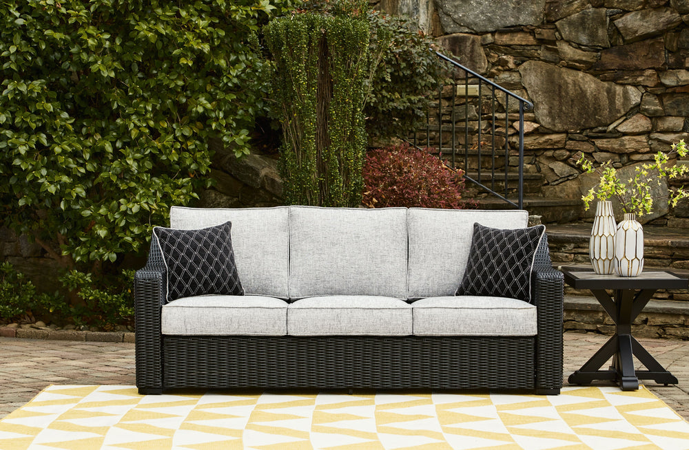 Sporting an easy-on-the-eyes elegance, this sofa elevates the art of alfresco living. Beautiful and durable enough for indoor and outdoor use, this high-style/low-maintenance sofa entices with plush, removable cushions wrapped in NuvellaÂ® fabric thatâ€™s