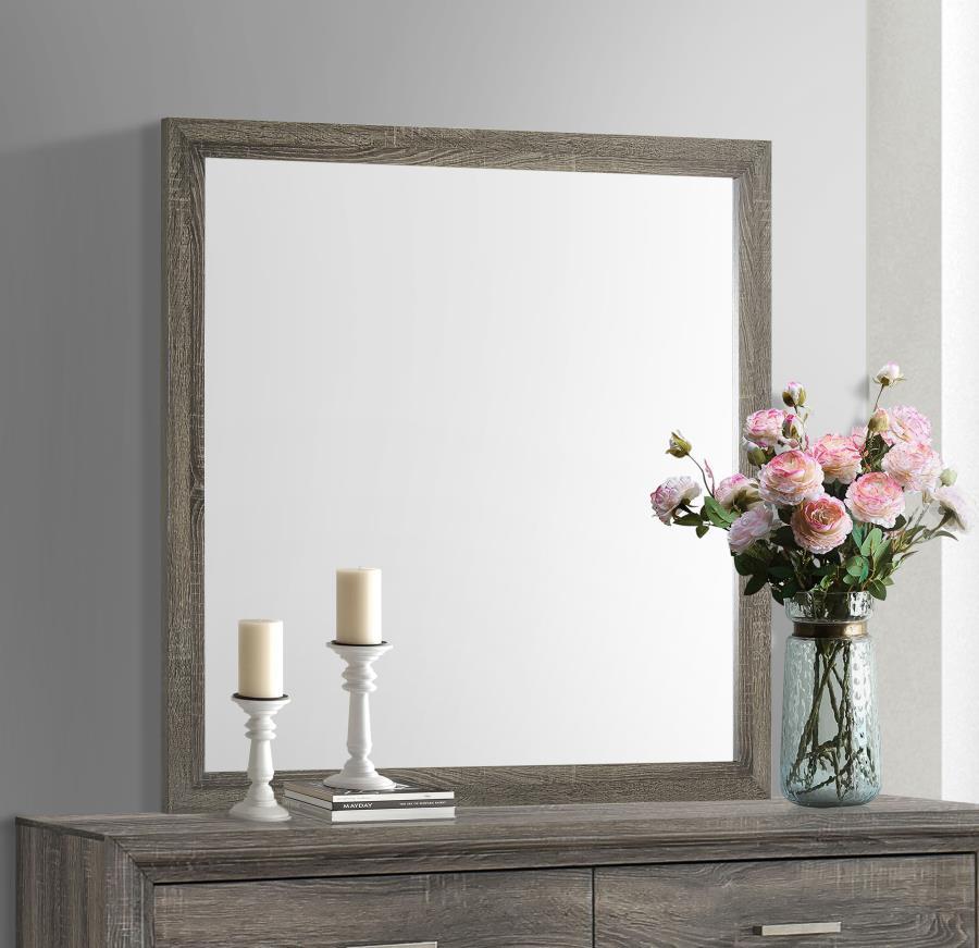 Enhance a stylish bedroom with the addition of a transitional dresser mirror. The framed design adds lightness and reflectivity, perfect for grooming rituals or selecting jewelry for the day ahead. It features a simple, clean-lined frame with a brown oak 