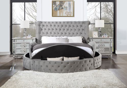  the Gaiva bed adds drama to your bedroom dcor. It has a tufted upholstered velvet fabric headboard and footboard. Built on a wooden frame with nailhead applications to add elegance to the bed. Adding further appeal 