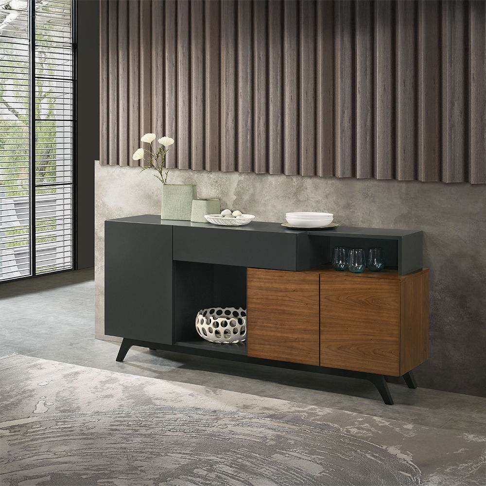 This dining set includes a rectangular table with a fixed top featuring Ceramic and tempered glass. The padded seat and back cushion chairs offer comfort and style. Complementing the set, the two-tone server boasts metal side glide drawers with 2/3 extens