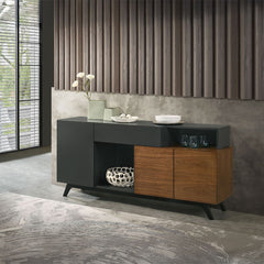This dining set includes a rectangular table with a fixed top featuring Ceramic and tempered glass. The padded seat and back cushion chairs offer comfort and style. Complementing the set, the two-tone server boasts metal side glide drawers with 2/3 extens