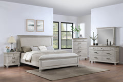 The Silver Sands 5 Piece Wood Bedroom Set in Gray is the perfect choice for those seeking a combination of durability, style, and functionality. This comprehensive set includes an upholstered panel bed, a dresser, a mirror, a chest, and a nightstand. Each