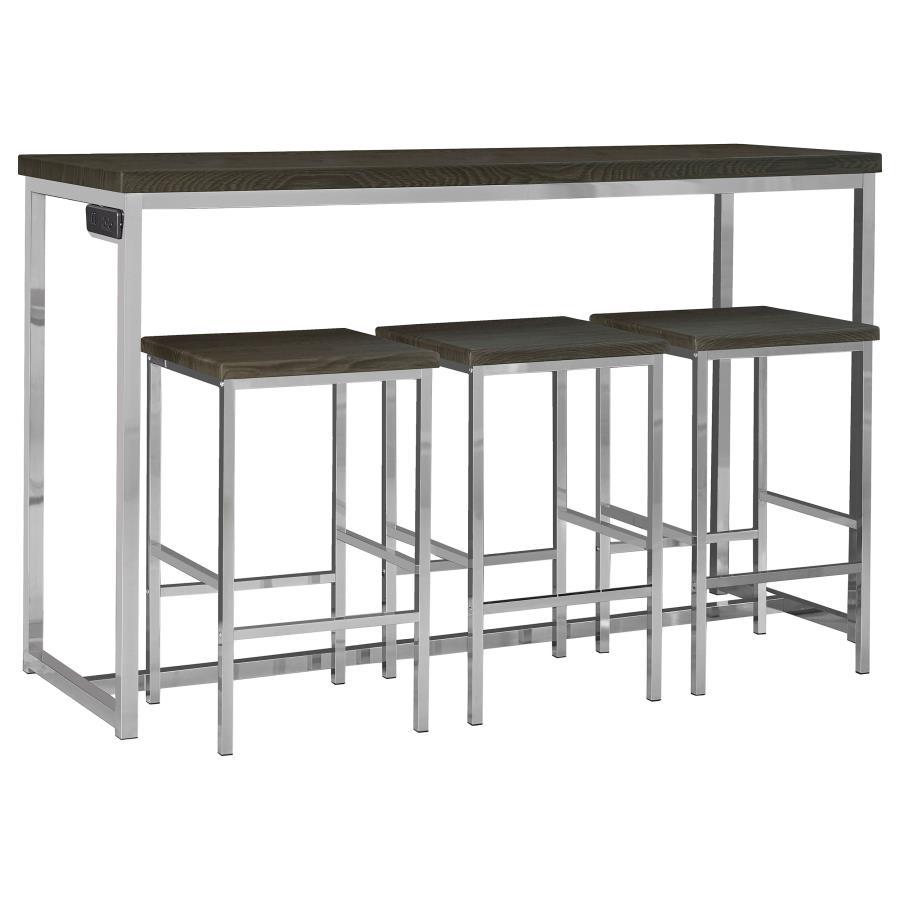 Update any living space with the rich, modern design of this four-piece, counter height table set. Complete with one table and four stools, this versatile set creates a stylish gathering space in any room. The rectangular table features a scratch-resistan