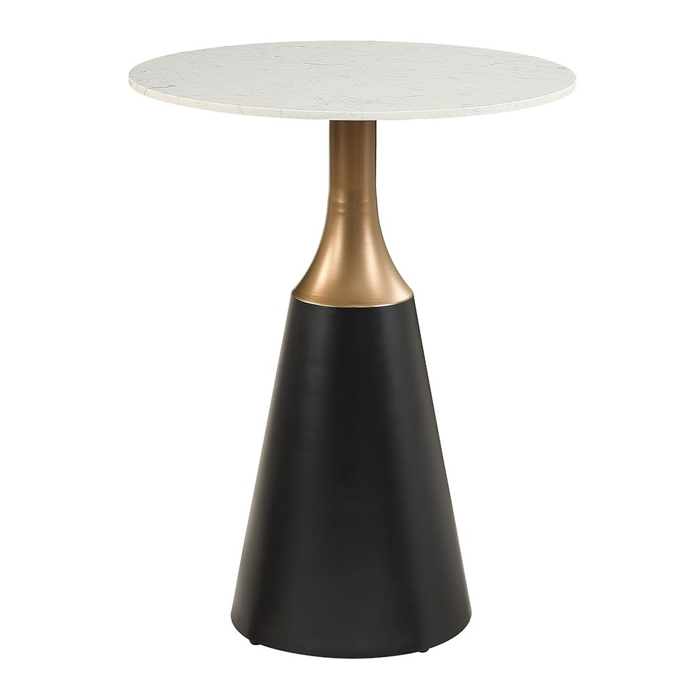 The Jaramillo collection boasts a sophisticated round counter height table with a sleek marble top and a fixed table top design. Supported by a striking single pedestal base in a stylish black finish, this table is the epitome of modern elegance. Paired w