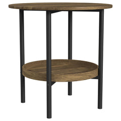 Complement your living space with the stylish, understated design of this transitional round end table. Its simple, clean lines exude farmhouse charm, with a neutral brown wood finish that brings warmth to any room. The round silhouette creates a sense of