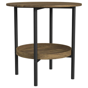 Complement your living space with the stylish, understated design of this transitional round end table. Its simple, clean lines exude farmhouse charm, with a neutral brown wood finish that brings warmth to any room. The round silhouette creates a sense of