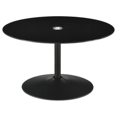 This modern coffee table showcases a sleek round design with a black tempered glass top, offering durability and style. The metal tulip base features a black powder-coated finish, creating a seamless and contemporary aesthetic. Perfect for living room set