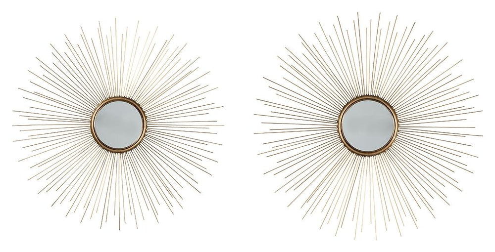 Bring a burst of energy into your space with this striking sunburst mirror. The blend of an ultra-mod aesthetic with an antiqued goldtone finish is a beautiful balance.<br><br><b>Additional Dimensions</b><br><ul><li>Accent mirror-small: 0-"</li><li>Accent