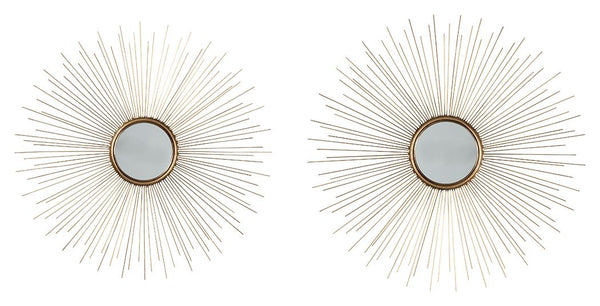 Bring a burst of energy into your space with this striking sunburst mirror. The blend of an ultra-mod aesthetic with an antiqued goldtone finish is a beautiful balance.<br><br><b>Additional Dimensions</b><br><ul><li>Accent mirror-small: 0-"</li><li>Accent