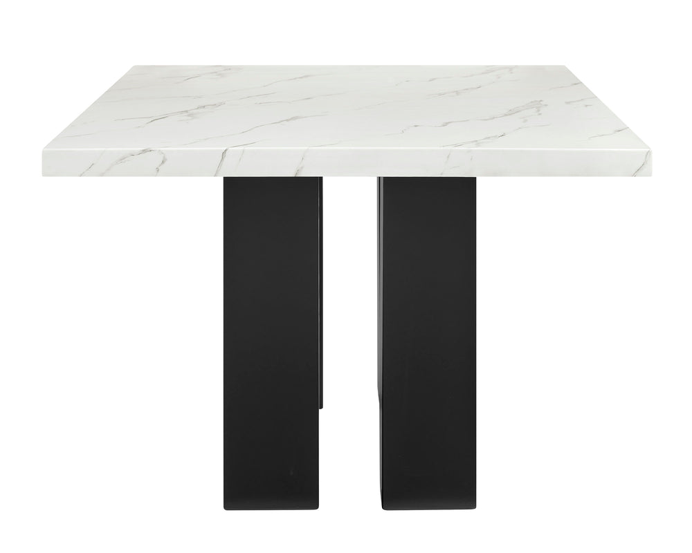 This dining group brings modern sophistication to your dining space with its sleek, contemporary design. The eye-catching marble-like tabletop adds a touch of luxury, perfectly balanced by the sturdy, dark-finished base for a striking contrast. The comfor