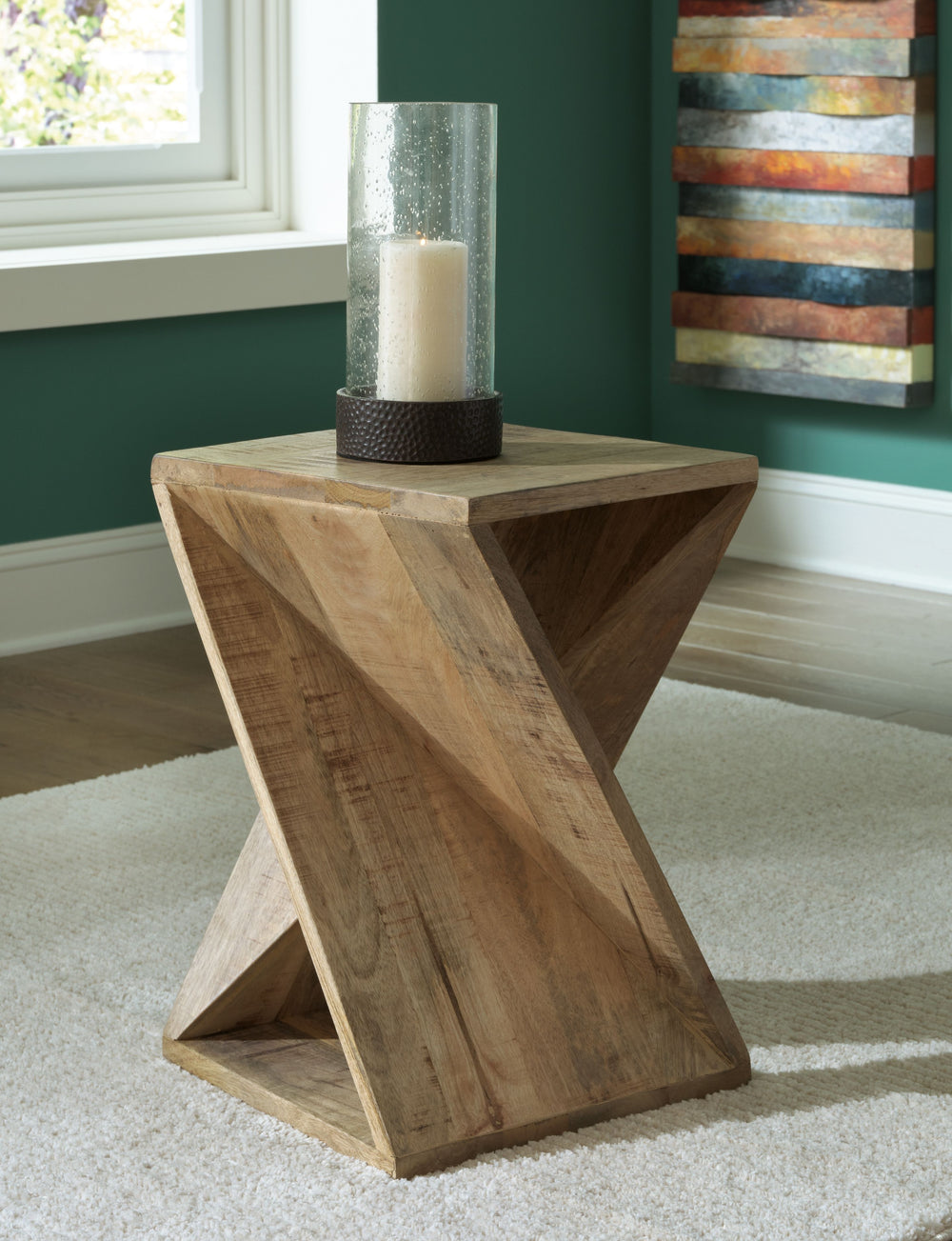 This accent table puts a new twist on vintage casual. Its brown finish is delightfully distressed, drawing attention to the saw mark planks arranged in an open architectural design. Place this unique piece next to a cozy chair to create a charming reading