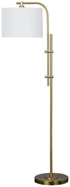 This floor lamp features a beautiful brass-tone finish that adds a rich, golden accent to your living space. The lamp arm is elegantly curved with soft edges, and is adjustable to provide targeted illumination. Topped off with a crisp white drum shade, th