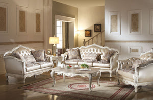 Designed exclusively for ACME, the Chantelle sofa collection is filled with romantic wonder. The rose gold PU seat back and pearl white wood finish combined with a broad selection of marble top coffee table creates an elegant and luxurious living room.<br