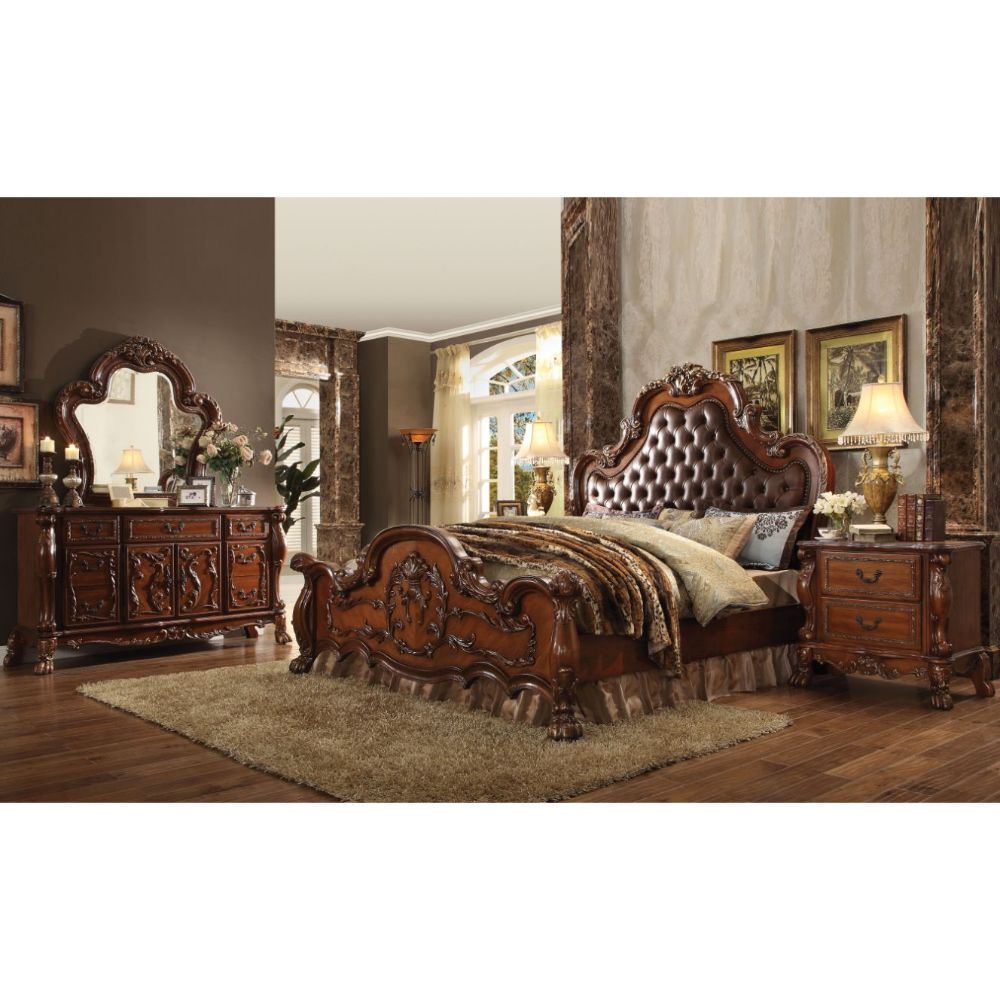 Elegant yet lightheartedly playful, Dresden is donned in an amiable cherry oak finish with hand applied burnish over the many layers of stains and finishes that are manually rubbed on, providing depth and character to this classic group. The Rococo style 