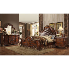 Elegant yet lightheartedly playful, Dresden is donned in an amiable cherry oak finish with hand applied burnish over the many layers of stains and finishes that are manually rubbed on, providing depth and character to this classic group. The Rococo style 
