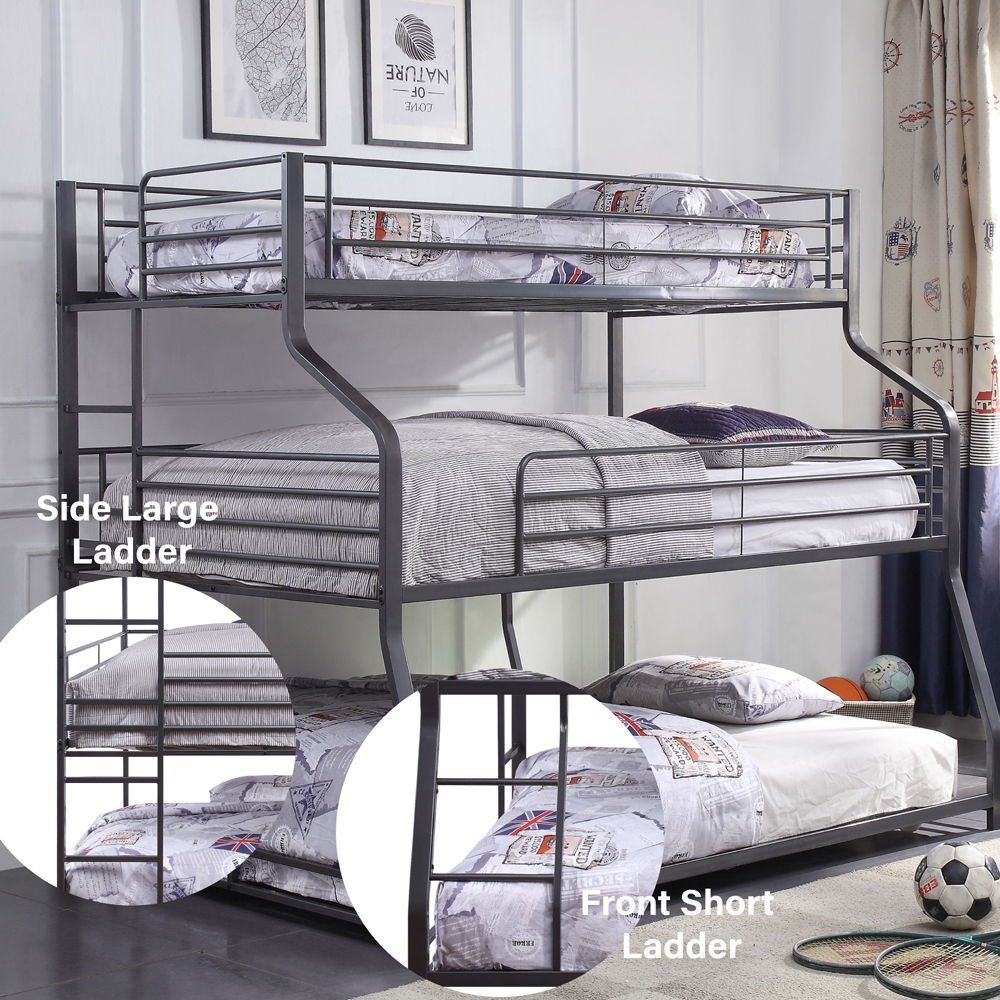 Contemporary metal and industrial styles meet to create the Caius II bunk bed. This strikingly unique triple bunk bed features twin, full and queen size beds, providing a smart sleeping solution and space saver for your child-'s bedroom. Crafted with meta