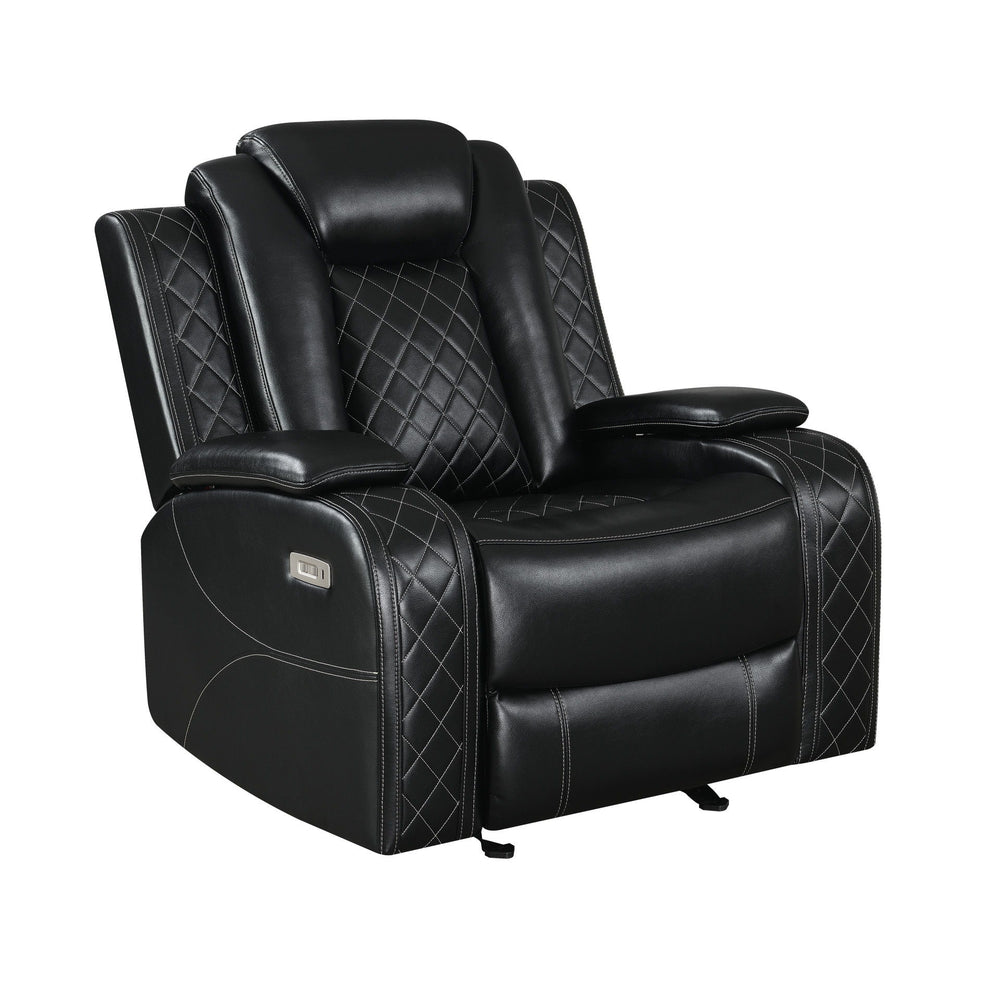 Experience the epitome of comfort and style with the Orion Power Glider Recliner. Crafted with a blend of hardwoods and manufactured wood, its durable frame ensures years of reliable use. Sink into luxurious relaxation with the luscious black upholstery, 