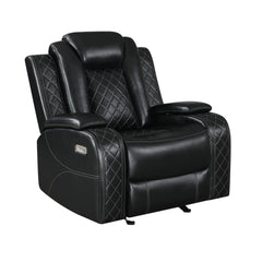 Experience the epitome of comfort and style with the Orion Power Glider Recliner. Crafted with a blend of hardwoods and manufactured wood, its durable frame ensures years of reliable use. Sink into luxurious relaxation with the luscious black upholstery, 