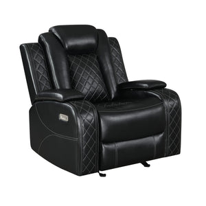 Experience the epitome of comfort and style with the Orion Power Glider Recliner. Crafted with a blend of hardwoods and manufactured wood, its durable frame ensures years of reliable use. Sink into luxurious relaxation with the luscious black upholstery, 