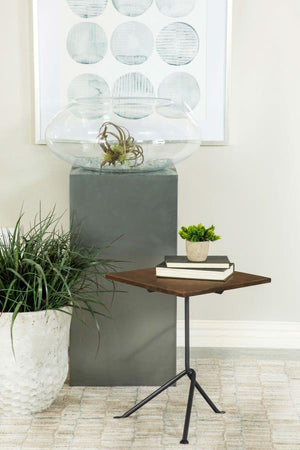  featuring a sleek square mango wood top in a rich dark brown finish. The eco-friendly solid wood construction makes it a perfect choice for sustainable living