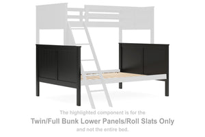 This set of twin-over-full bunk bed lower panels and roll slats is made with solid hardwood and MDF substrate. Pairs with other items in the series to make a bed kit.<br/><br/><b>Product Features</b><ul><li>Compatible with other B396 items, sold separatel