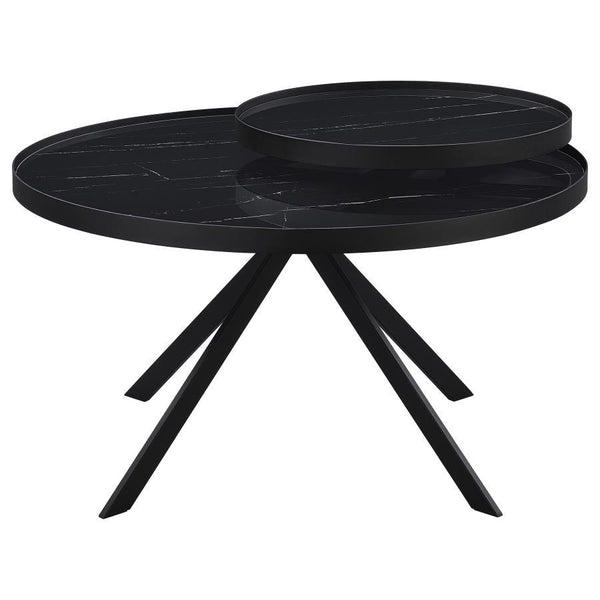 Briggs - Round Marble Printed Glass Top Coffee Table - Black