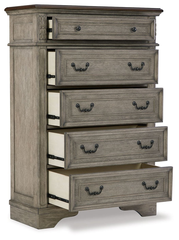  deep walnut on the top. Framed drawer fronts and dark bronze-tone hardware marry