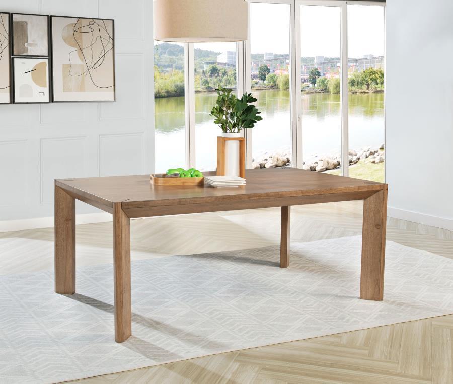 Introduce tailored style with a modern rectangular dining table. Its delivers fresh style with angular details and silhouetting, including angled legs. A natural brown wood grain finish offers inviting versatility, complementing a variety of surrounding d
