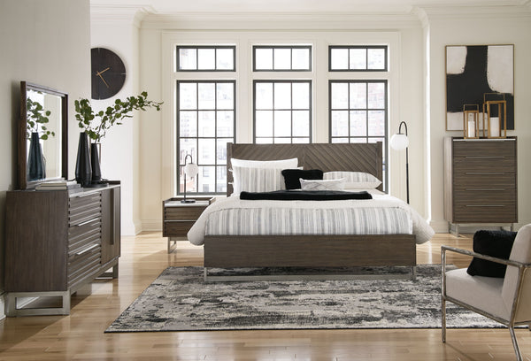 Clean lines lend sophistication and structure to this bedroom group. Its complex rich grayish brown finish, slats set in a contemporary herringbone pattern, and low-profile footboard create visual interest and add to this bed-'s contemporary vibe with a w