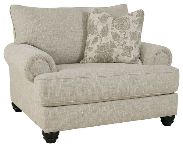 This oversized chair has an alluring look that-'s guaranteed to turn heads. Richly textured fabric in a light, easygoing hue is enhanced by even lighter flax peeking through. Distinctive roll arms add a dab of debonair, while indulgently plush cushions cr