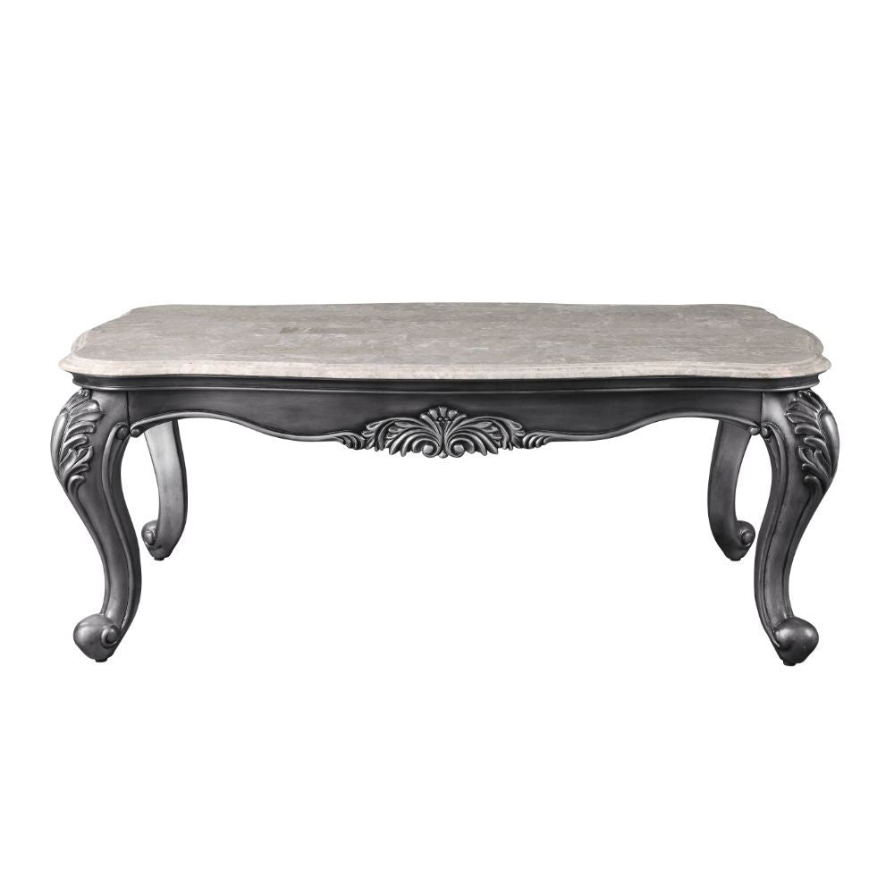 Rectangular Coffee Table â€¢ NO Storage â€¢ Marble Top â€¢ Wooden Frame with Raised Scrolled Trim and Floral Motifs (Vintage Hand-Brush Finish) â€¢ Queen Anne Leg<br/><br/><b>Product Features</b><ul><li>Exclusive Design</li><li>Occasional Tables</li><li>M