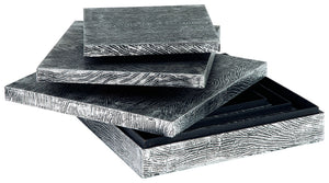  this set of three wood and metal boxes is a contemporary choice for the forward-thinking modernist. The antiqued pewter-tone finish is an inspired touch.<br><br><b>Additional Dimensions</b><br><ul><li>Box-small: