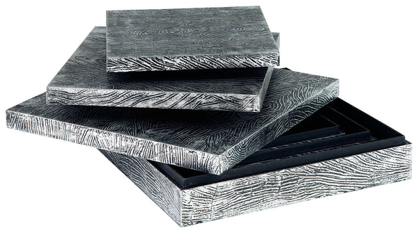  this set of three wood and metal boxes is a contemporary choice for the forward-thinking modernist. The antiqued pewter-tone finish is an inspired touch.<br><br><b>Additional Dimensions</b><br><ul><li>Box-small: