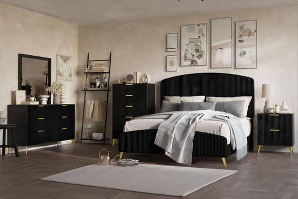 The Kailani 6 Piece Bedroom Set in black is a masterful combination of modern design, luxurious comfort, and sustainable craftsmanship, perfect for creating a sophisticated and inviting bedroom space. This set includes an upholstered panel bed, dresser, m