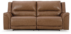 This power reclining sofa delivers comfort and contemporary style in a big (but not bulky) way. Its supple leather and faux leather upholstery, sumptuous cushioning and one-touch control are sure to take you to your happy place. The sofa-'s power adjustab