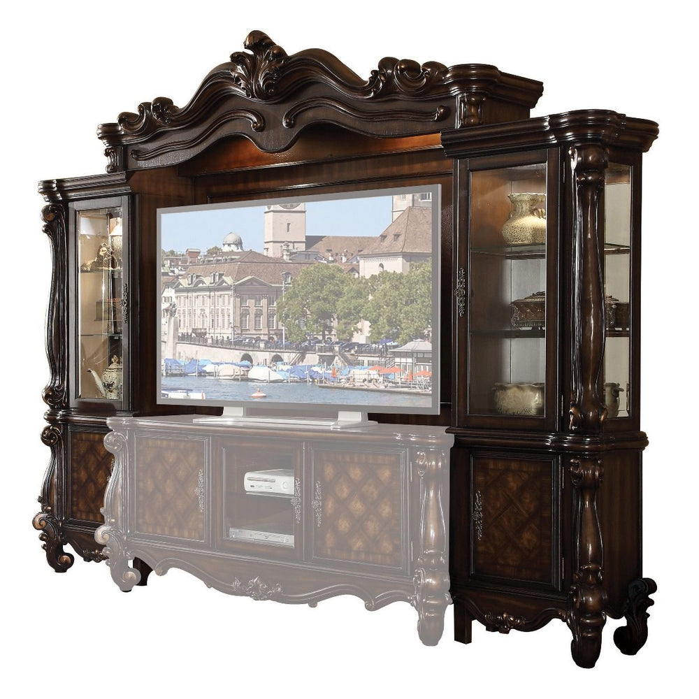 The Versailles the entertainment center was inspired by old European design. This collection features carved scrollwork accent on the bridge-'s crown. The collection pieces are carefully crafted with selected wood and veneers in Cherry Oak finish with han
