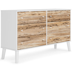 The perfect marriage of contemporary and casual style, this dresser is a charming addition to your home. It-'s expressive with a two-tone look in a solid matte white finish and a replicated sugarberry wood grain pattern. Ball-bearing glides offer smooth o