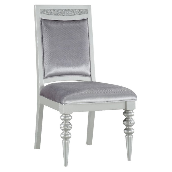 KD, Armless Chair (High Back) Stationary Seat: Standard Dining Height Padded SEAT & BACK: Fabric Cushion (Solid Pattern Inside & Outside) Feature: w/Sparkling Rhinestones Inlay Rectangular Backrest: Wooden Frame & Rhinestones Top Wooden Apron Seat (Moldin