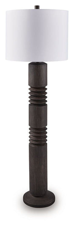 A distressed black finish and carved details make this contemporary floor lamp hard to miss. Its distinctive profile is fresh and forward thinking, illuminating your home with just the right amount of sophistication.<br><br><b>Additional Dimensions</b><br