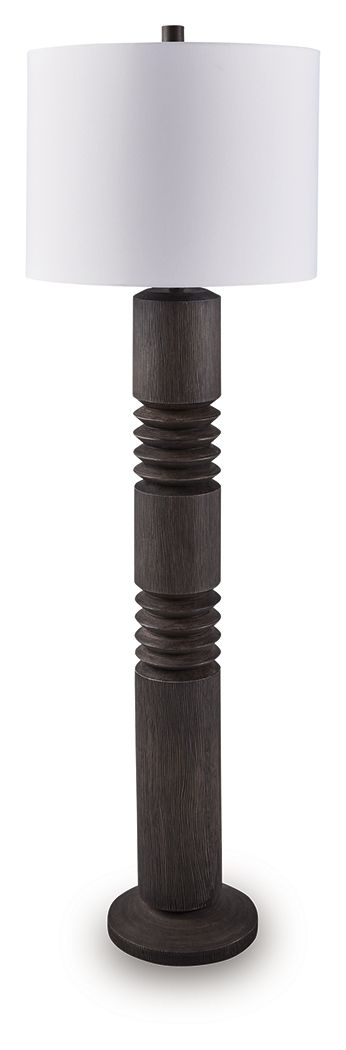 A distressed black finish and carved details make this contemporary floor lamp hard to miss. Its distinctive profile is fresh and forward thinking, illuminating your home with just the right amount of sophistication.<br><br><b>Additional Dimensions</b><br
