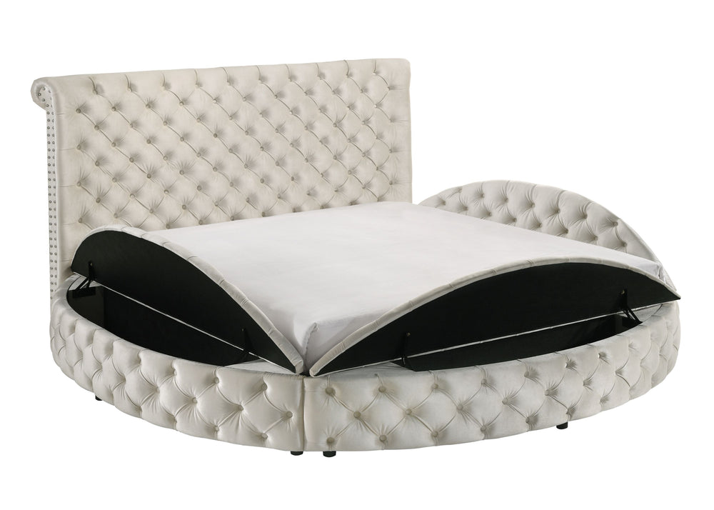 This avant-garde bed is a luxurious retreat, blending opulence with innovative design. Its unique round form challenges traditional bedroom aesthetics, offering a lavish centerpiece that is as comfortable as it is striking. The bed is generously upholster