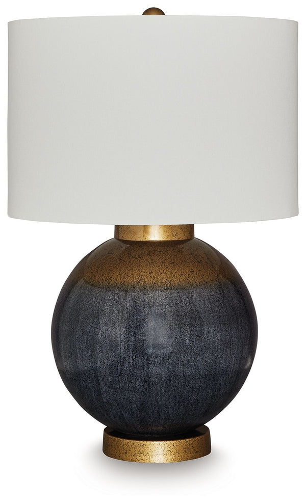 Effortlessly elevate your home-'s decor with the chic refinement of this table lamp. Its elegant blue and goldtone hues add quiet luxury to your living space, bedroom or office, casting a glow of sophistication and beauty.<br><br><b>Additional Dimensions<